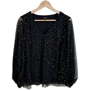 Halogen Black Silver Glitter V Neck Long Balloon Sleeve Womens Size 1X Evening
